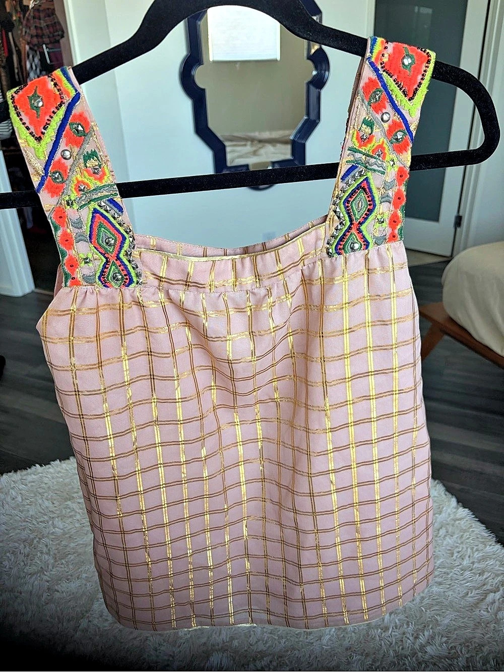 Vineet Bahl Embellished Plaid Tank Top in Pink & Gold Size Small
